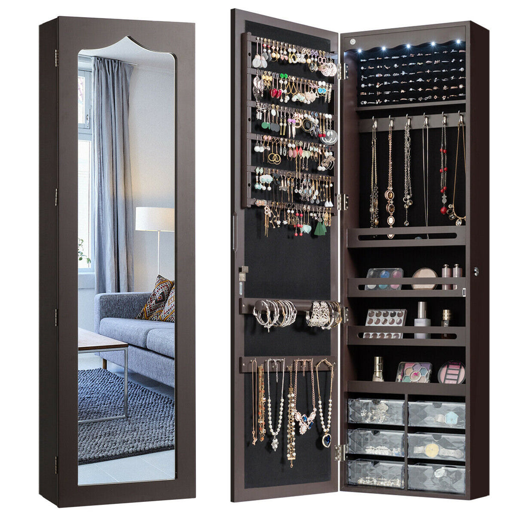 Door Hanging Jewelry Armoire with Mirror & LED Lights - Brown