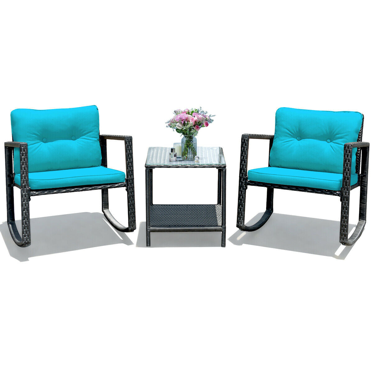3 Pieces Cushioned Patio Rattan Set with Rocking Chair and Table