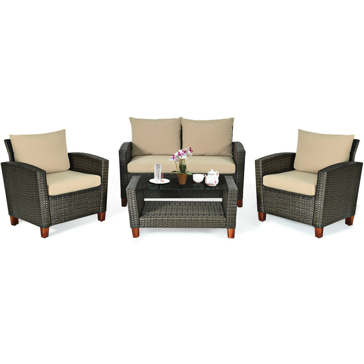 4-Piece Patio Rattan Furniture Set with Cushions