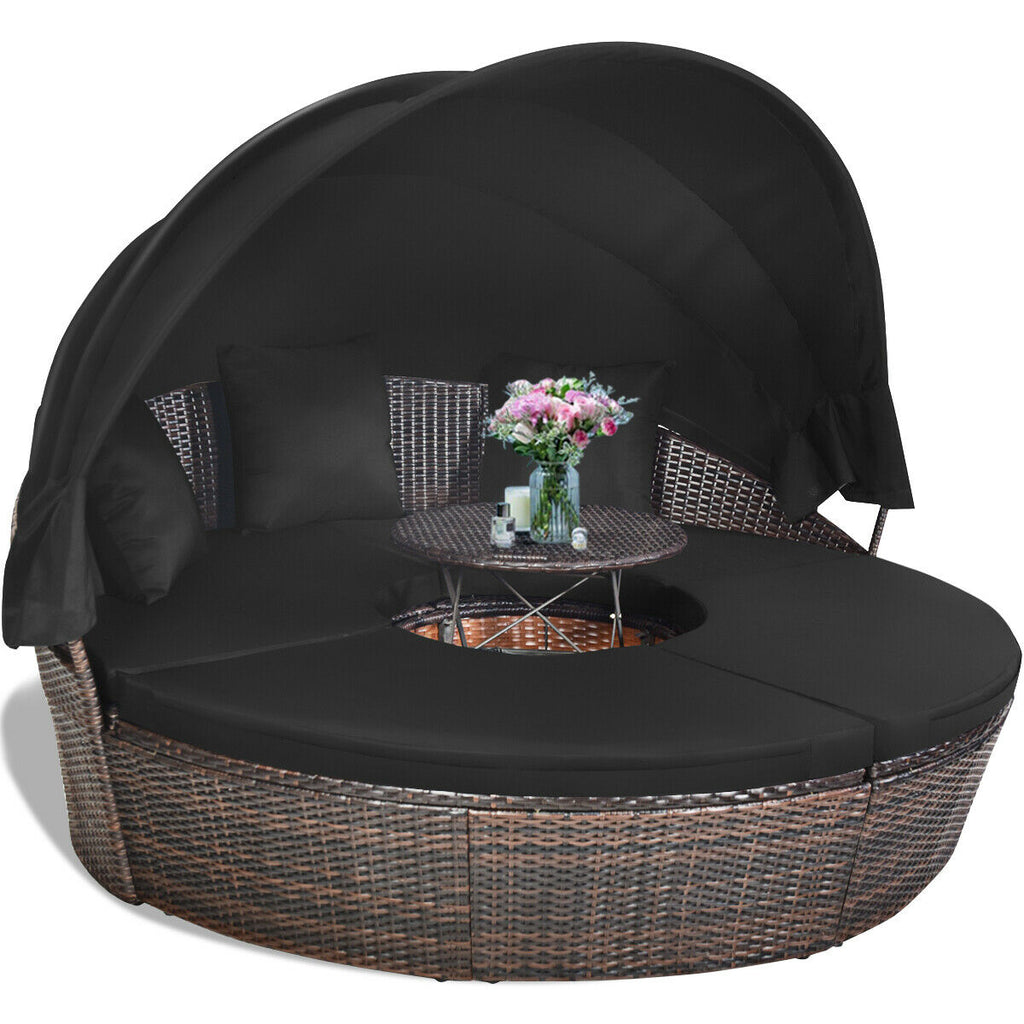 Patio Round Rattan Daybed with Retractable Canopy and Height