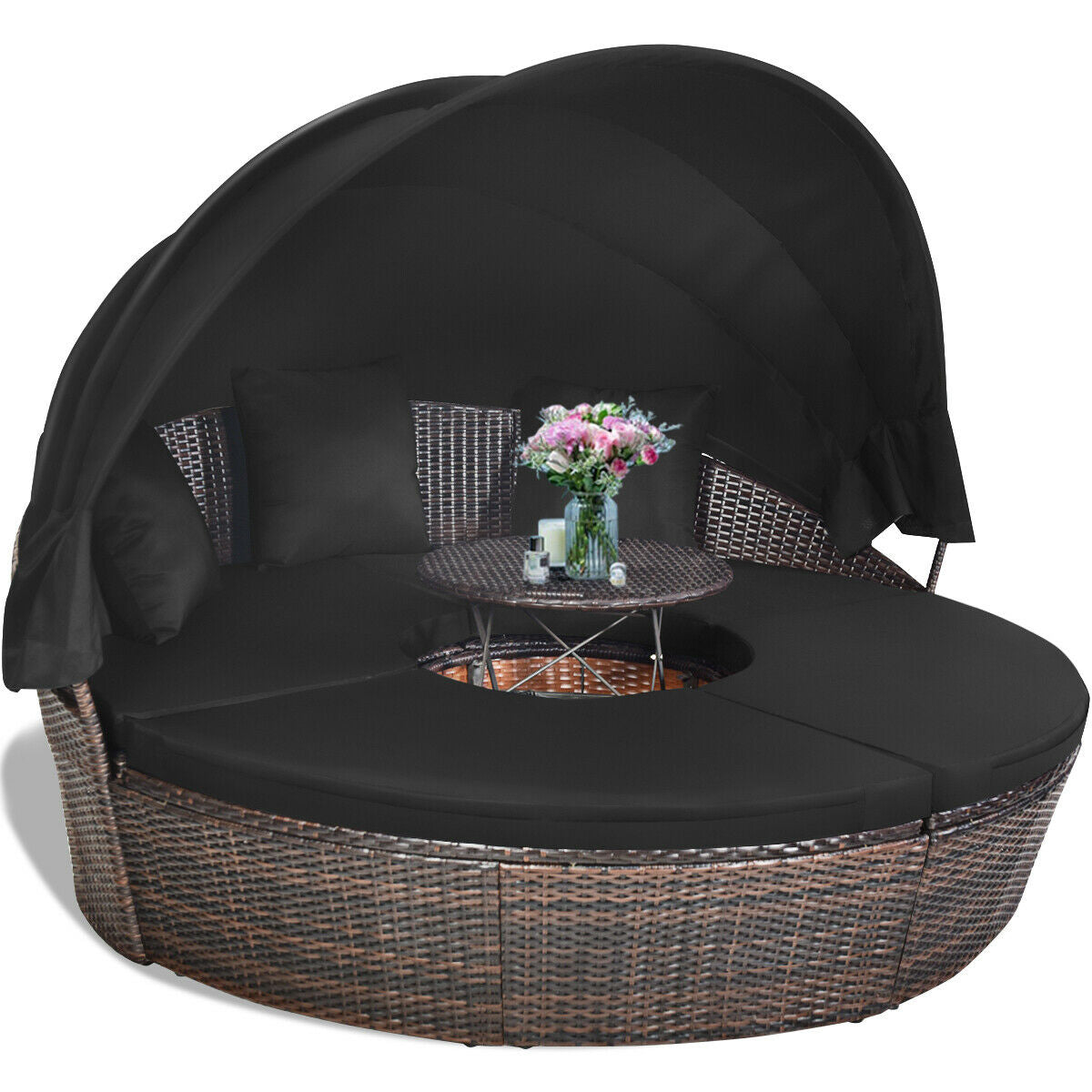 Patio Round Rattan Daybed with Retractable Canopy and Height