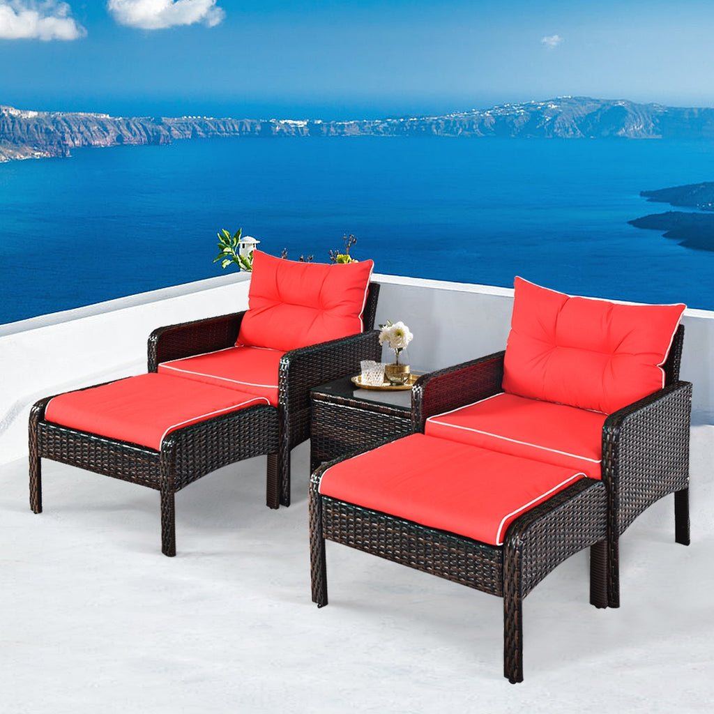 5-Piece Patio Rattan Sofa Set with Cushions - Red