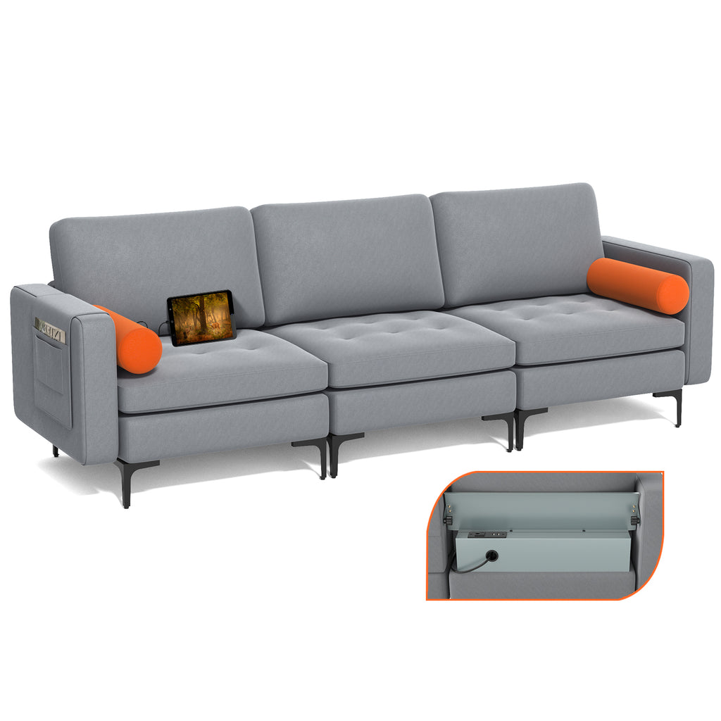 3-Seat Sofa with USB Ports and Storage - Gray