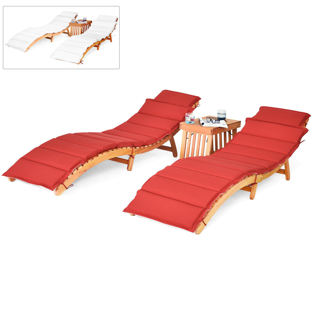 3 Pieces Folding Patio Eucalyptus Wood Lounge Chair Set with Foldable