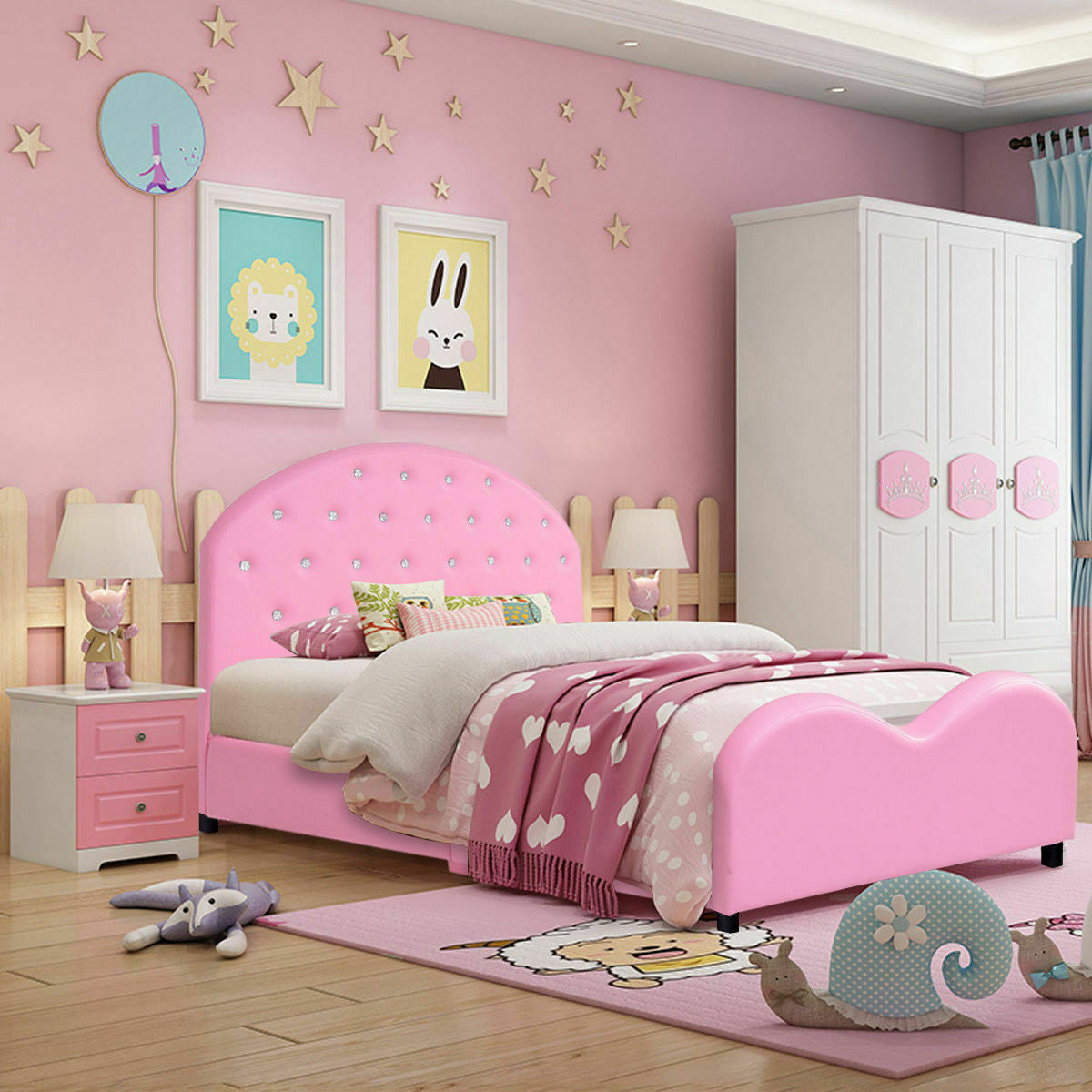 Twin Size Upholstered Toddler Bed with Wood Slat Support and Diamonds Variation