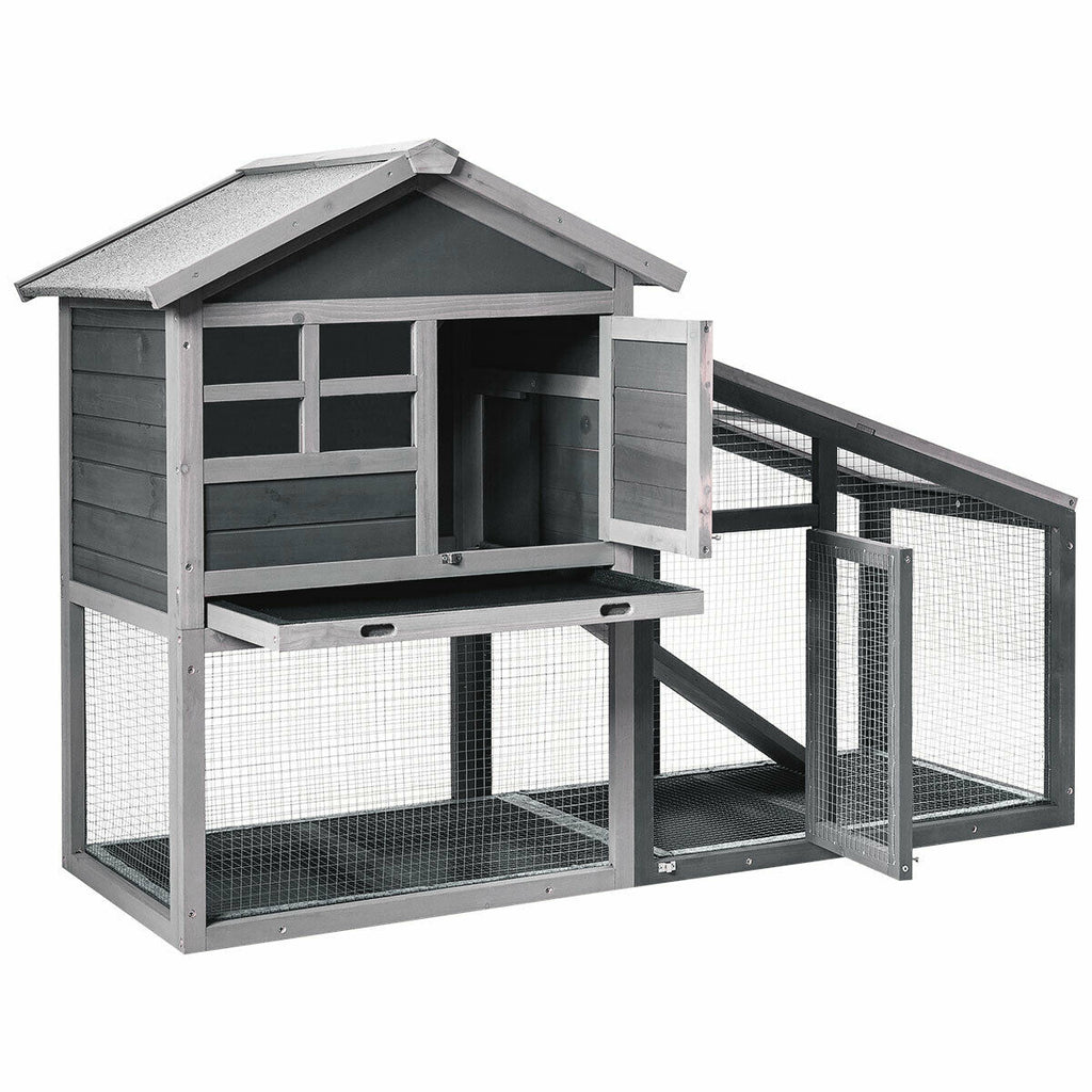 Wooden Rabbit Hutch with Pull-Out Tray and Ramp - 56.5 Inch Long Animal Cage