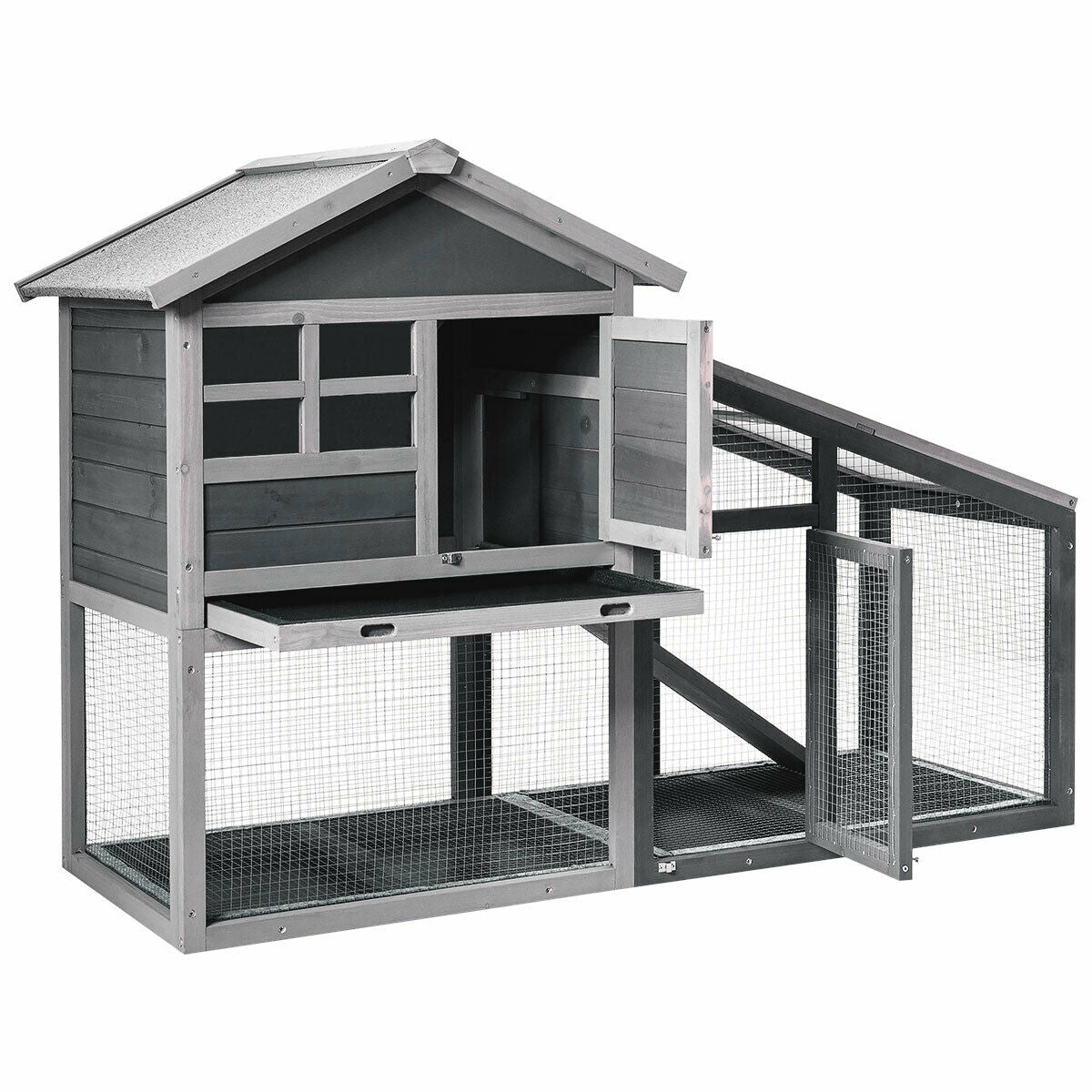 Wooden Rabbit Hutch with Pull-Out Tray and Ramp - 56.5 Inch Long Animal Cage