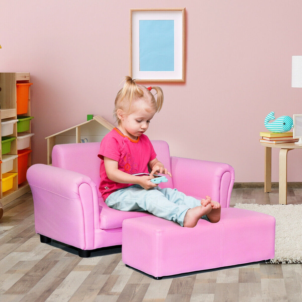 Pink Kid's Double Couch Lounge Sofa with Ottoman - Childrens Play & Sleep