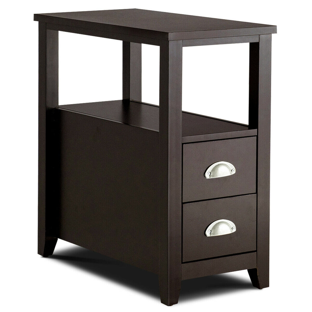 Rectangular Wooden Nightstand with 2 Drawers & Shelf, Dark Brown