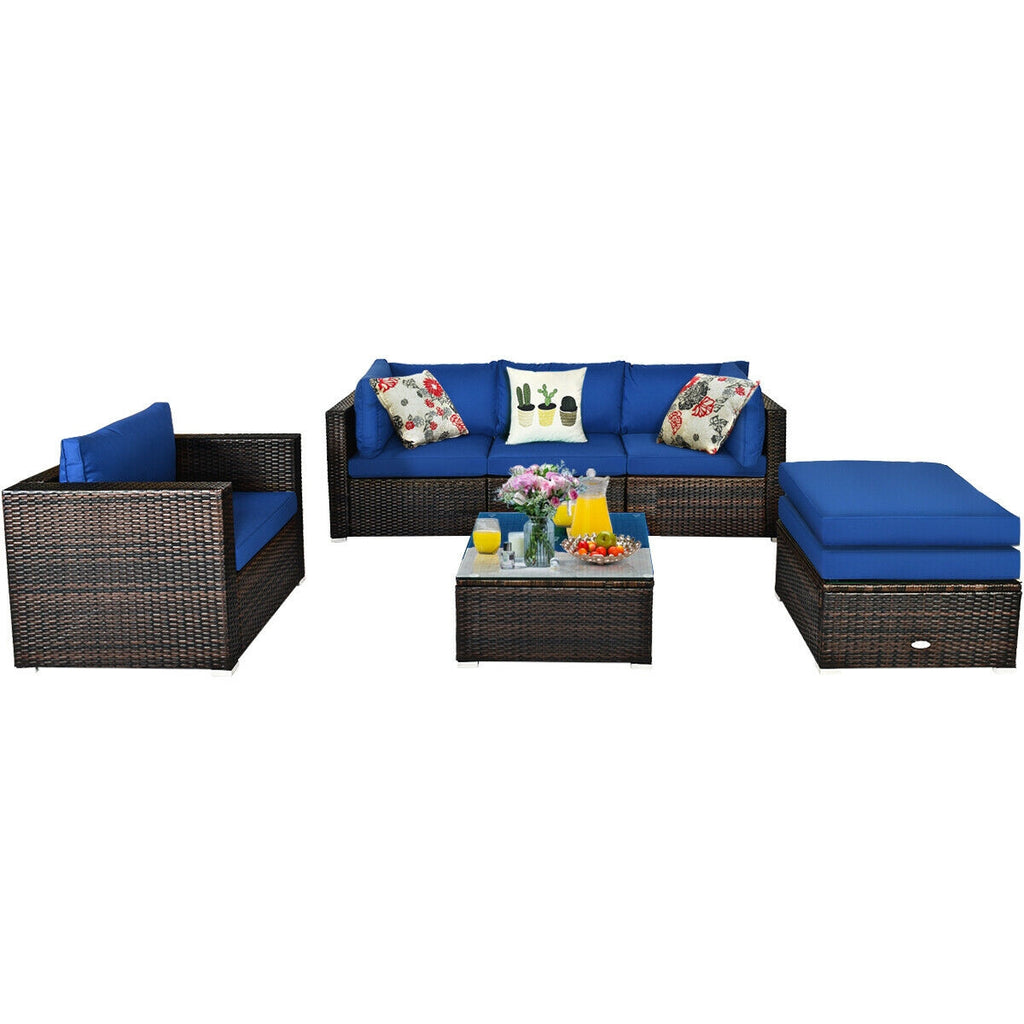 6-Piece Patio Rattan Sectional Set with Cushions - Blue