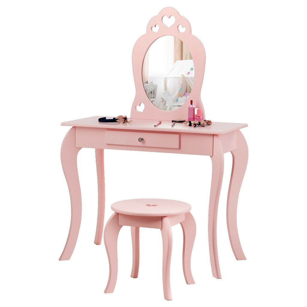 Kids Princess Makeup Dressing Play Table Set with Mirror - Pink