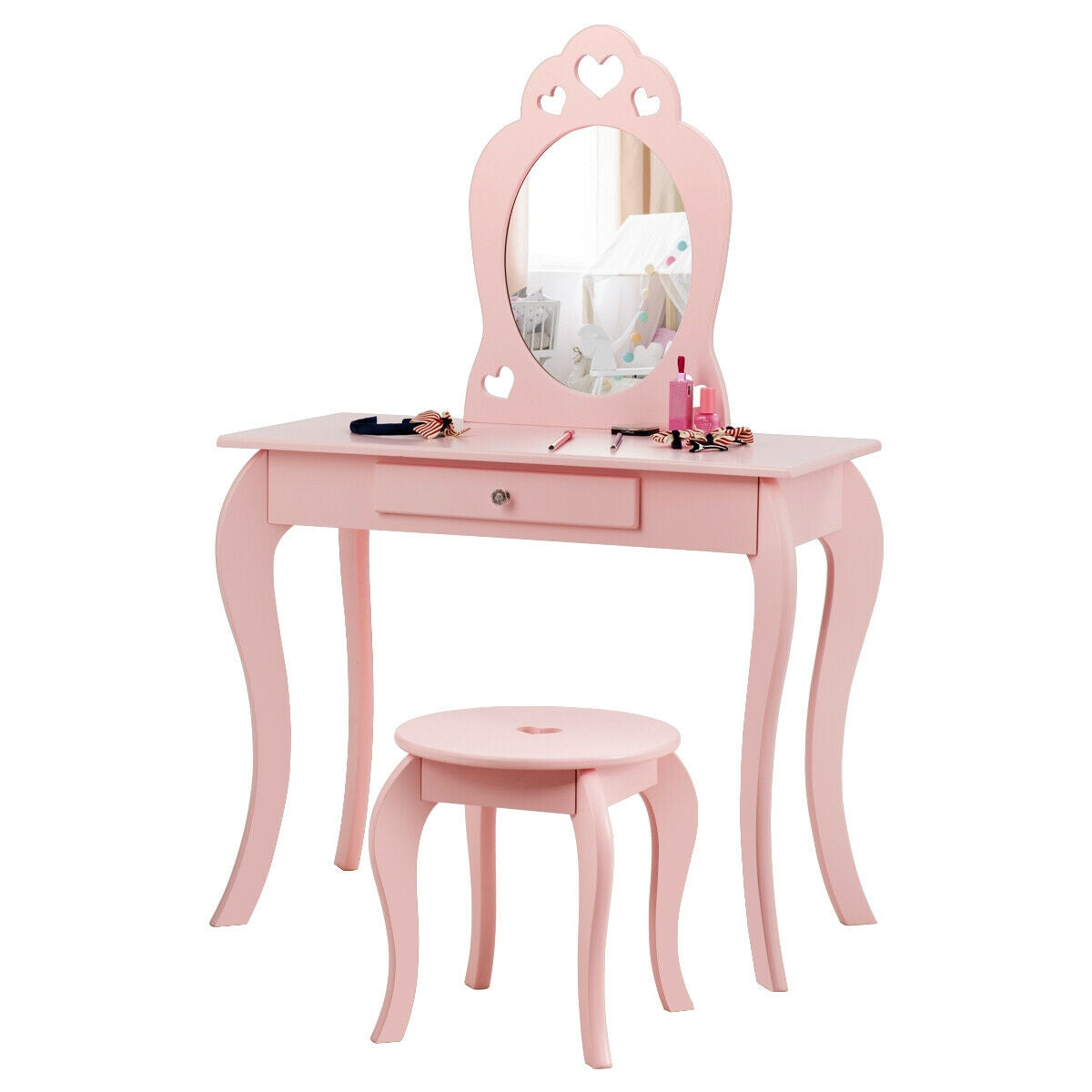 Kids Princess Makeup Dressing Play Table Set with Mirror - Pink
