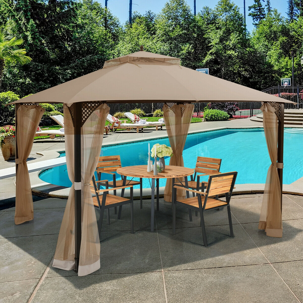 12 x 10 Patio Gazebo with Netting - Brown