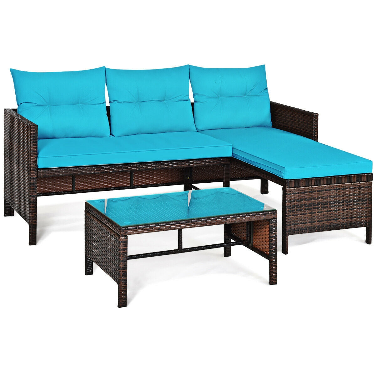 Outdoor Rattan Corner Sectional Sofa Set with Glass Table - Turquoise