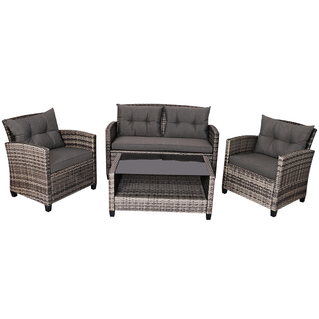 4-Piece Patio Rattan Furniture Set with Loveseat, Sofas & Coffee Table - Gray