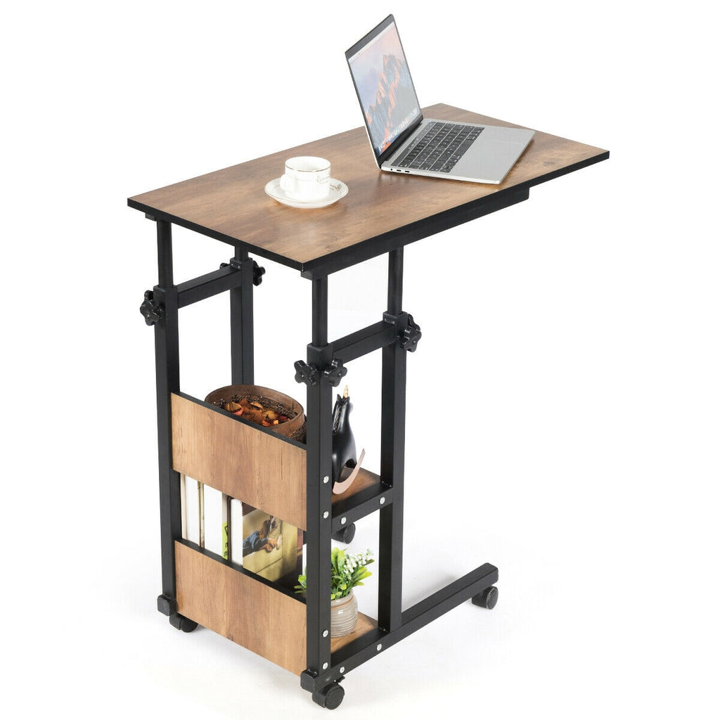 C-Shape Mobile End Table with Storage Shelves