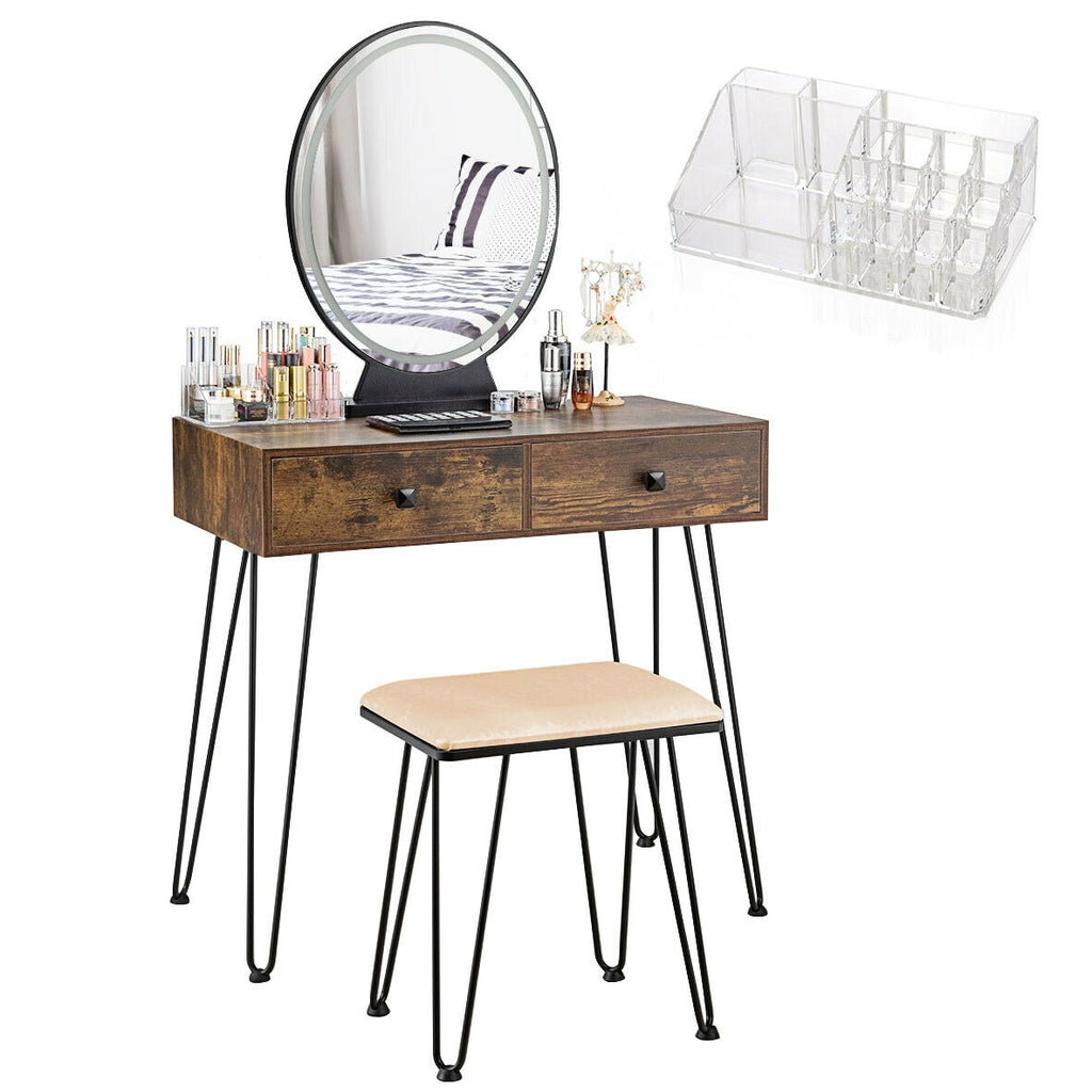 Makeup Dressing Table with LED Lighting - Rustic Brown
