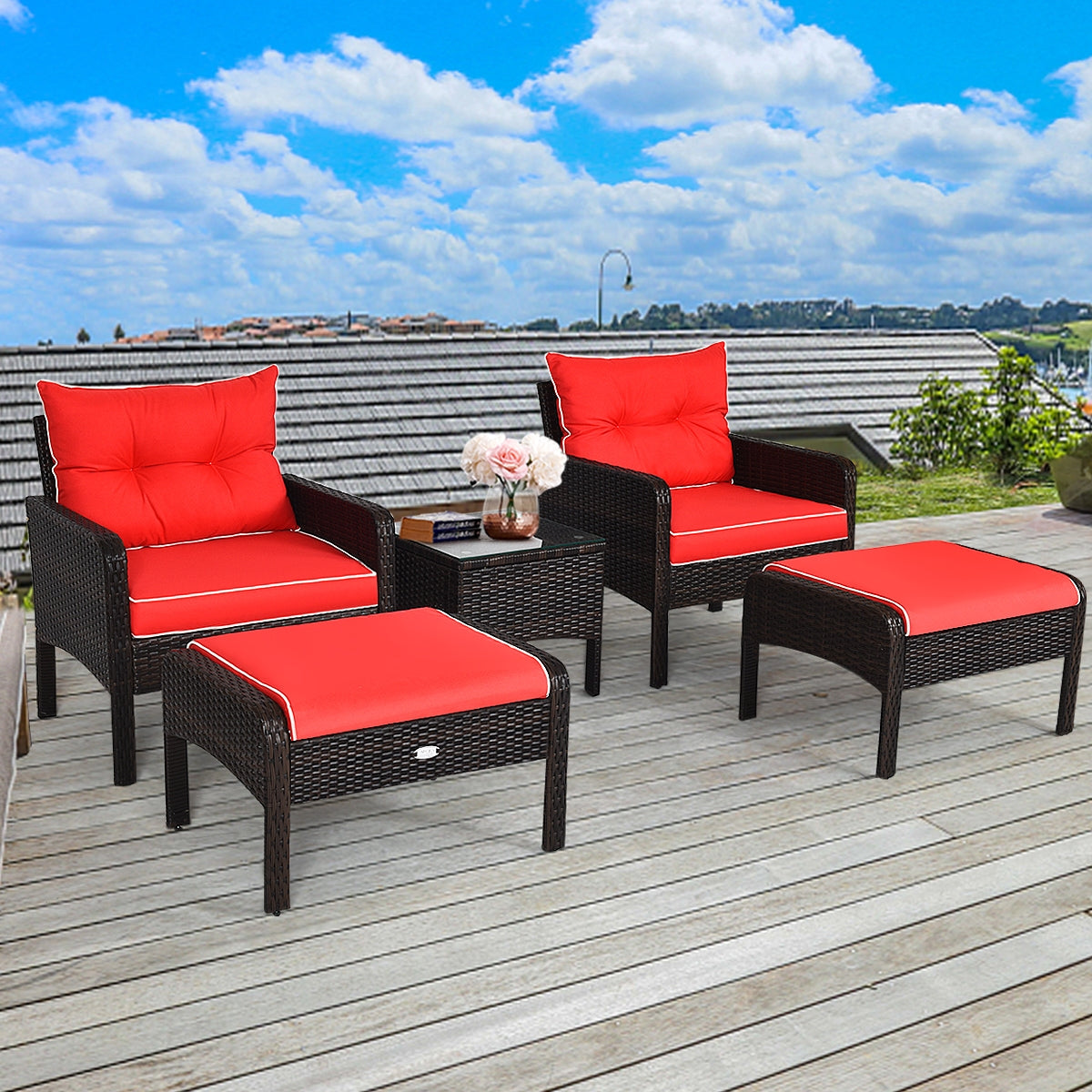 5-Piece Patio Rattan Sofa Set with Cushions - Red