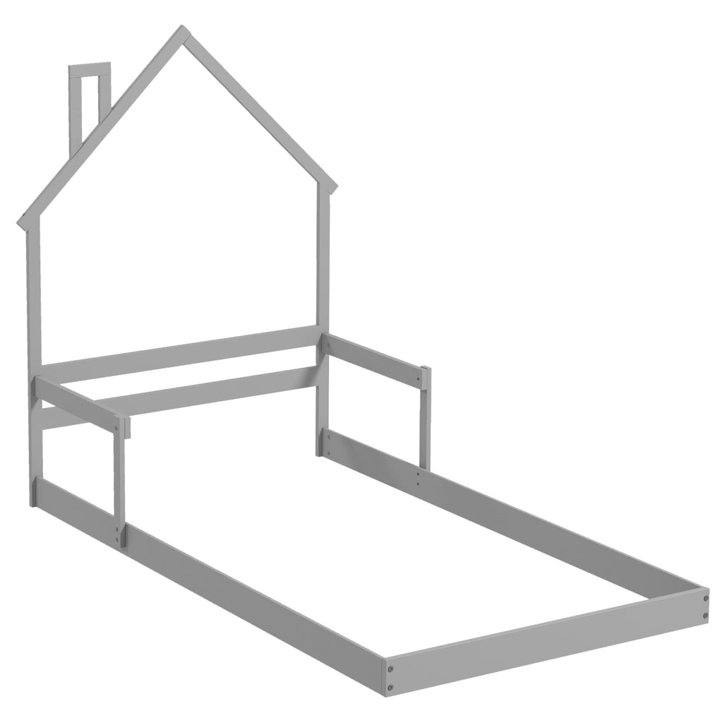 Twin Size Floor Bed with Chimney, Headboard, Handrails - Gray Variation