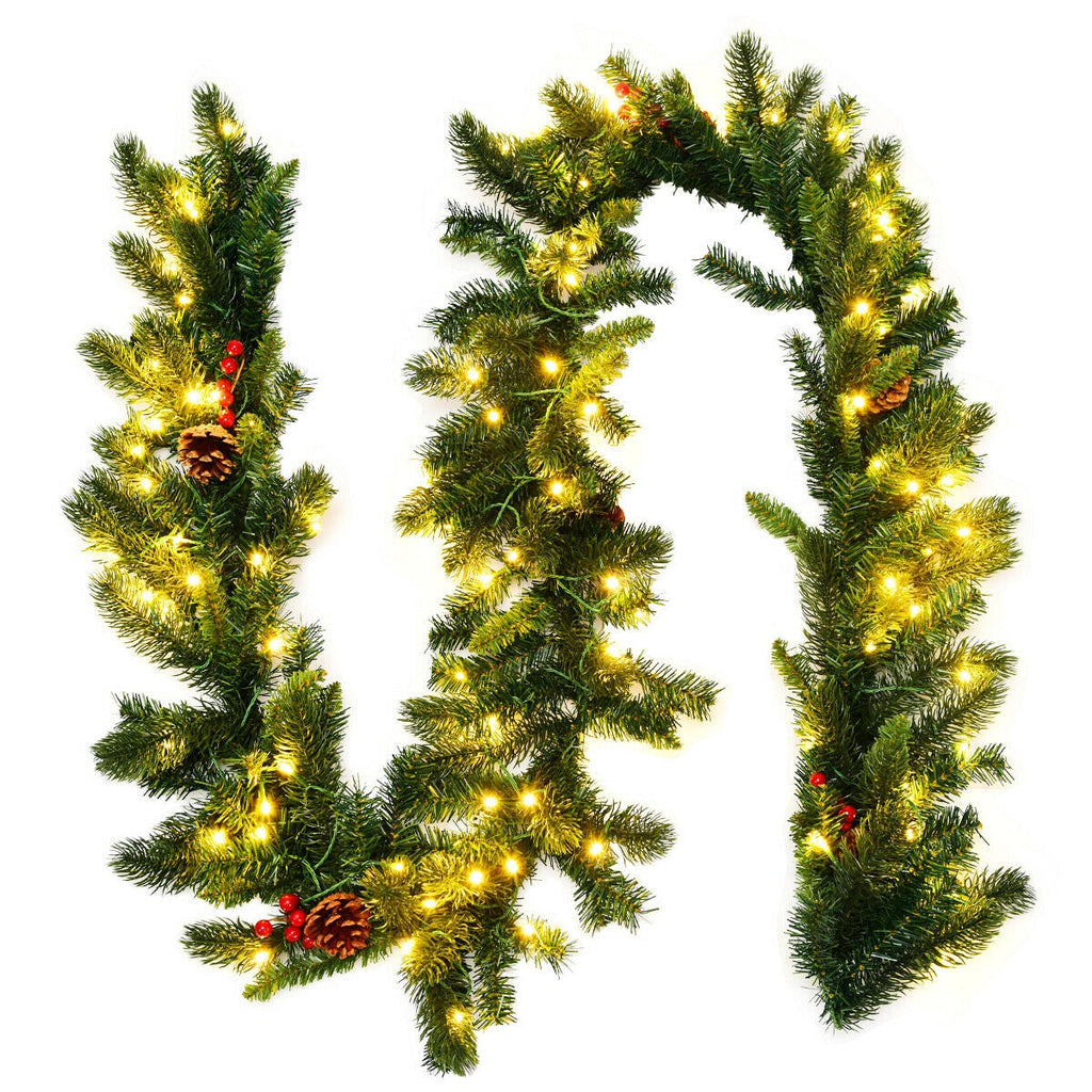9 Feet Pre-lit Artificial Christmas Garland with Red Berries and LED Lights - Green Variation