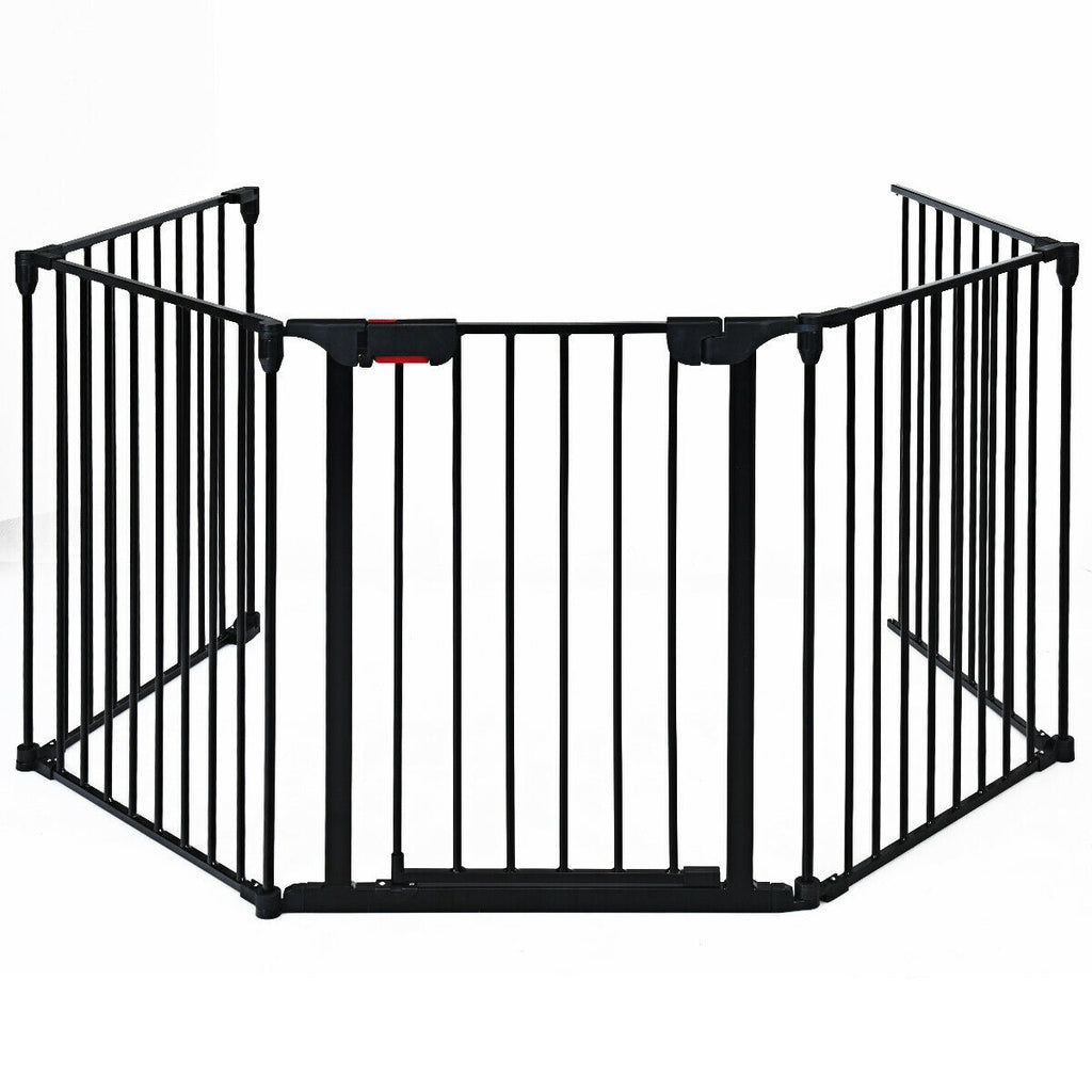 5-Panel Adjustable Metal Fireplace Fence with Locking Door - Black, 115 Inch
