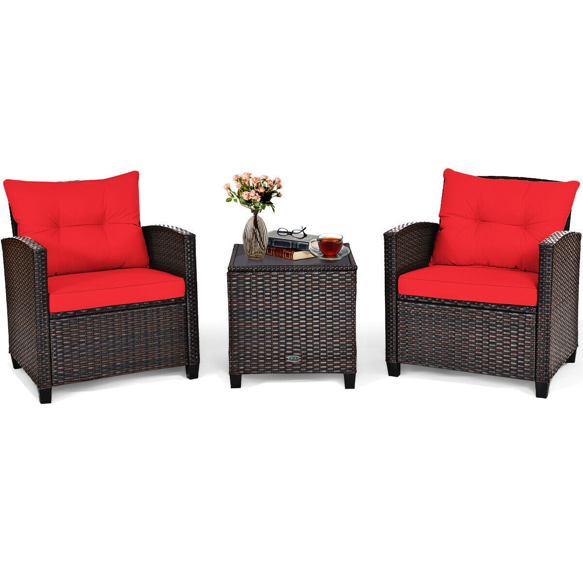 3-Piece Patio Furniture Set with Glass Coffee Table - Black & Brown Rattan