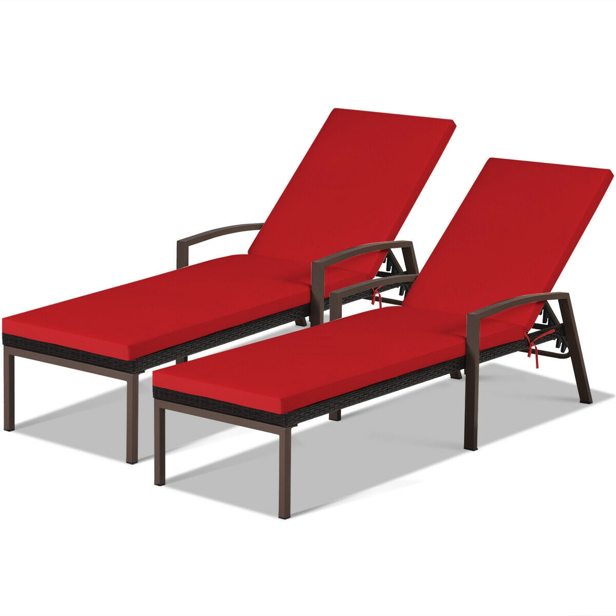 Patio Rattan Reclining Chaise Lounge Chair with Cushion – Red