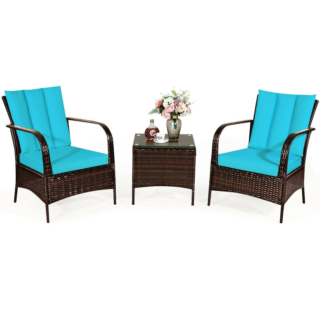 3 Pieces Patio Rattan Conversation Set with Glass Top Coffee Table