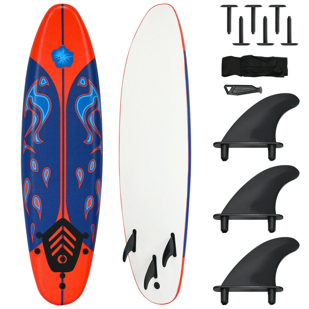 6 Feet Surfboard with Detachable Fins - Lightweight Body Board, Red - Costway