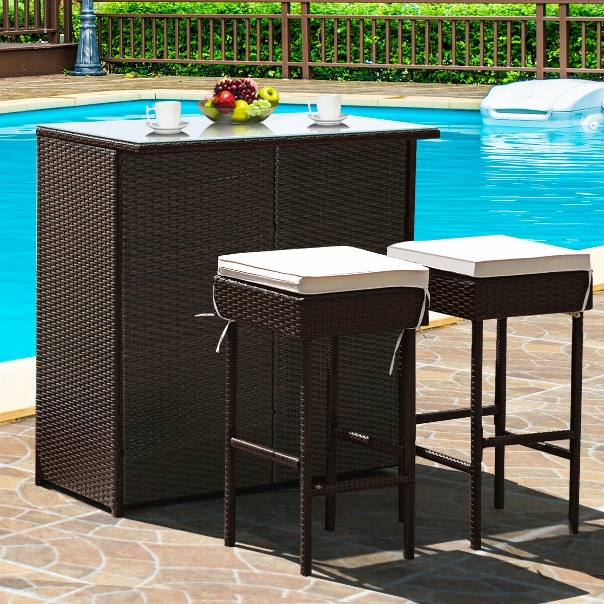 3 Pieces Outdoor Rattan Wicker Bar Set with 2 Cushions Stools