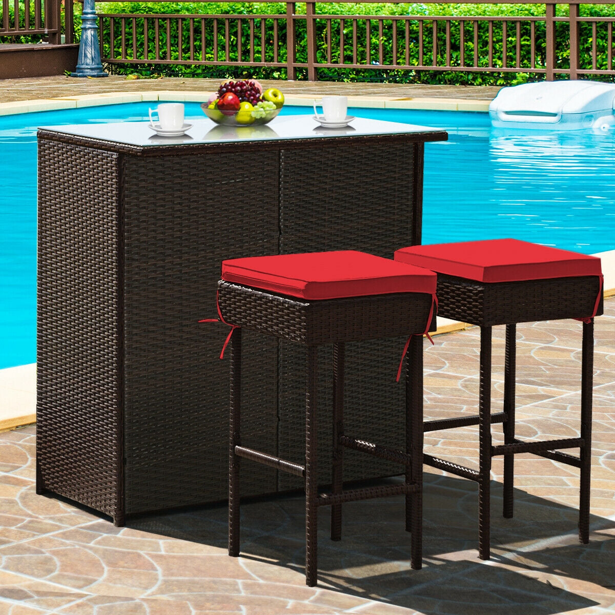 3 Pieces Outdoor Rattan Wicker Bar Set with 2 Cushions Stools