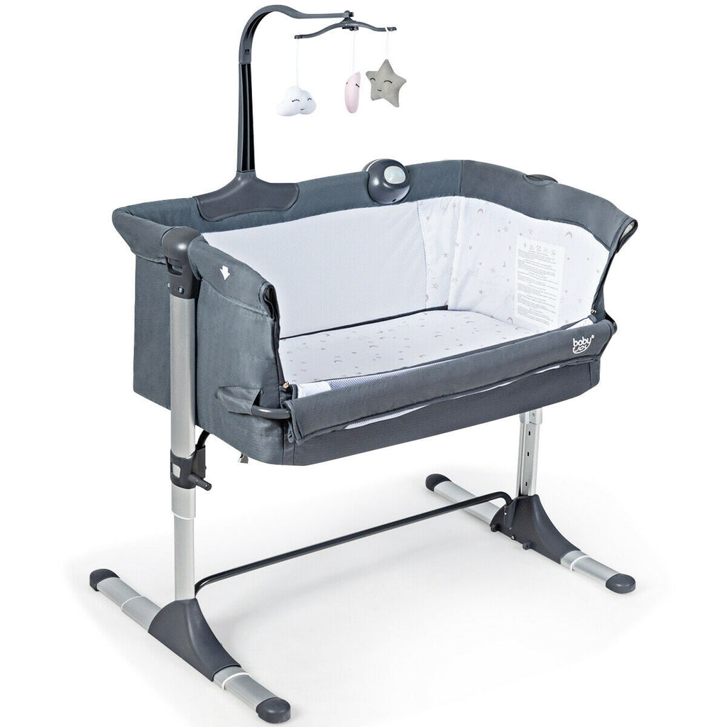 Height Adjustable Baby Side Crib with Music Box & Toys - Dark Gray