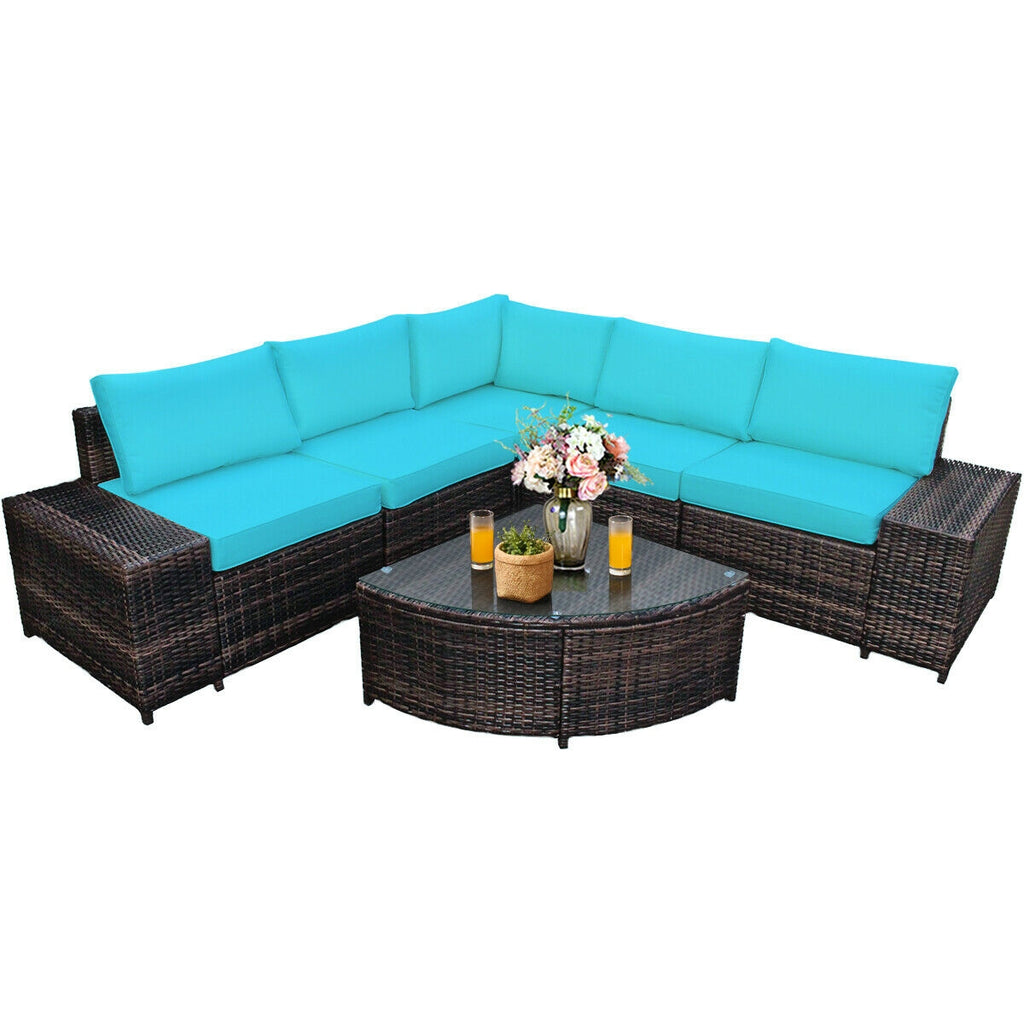 6 Piece Wicker Patio Sectional Sofa Set with Tempered Glass Coffee