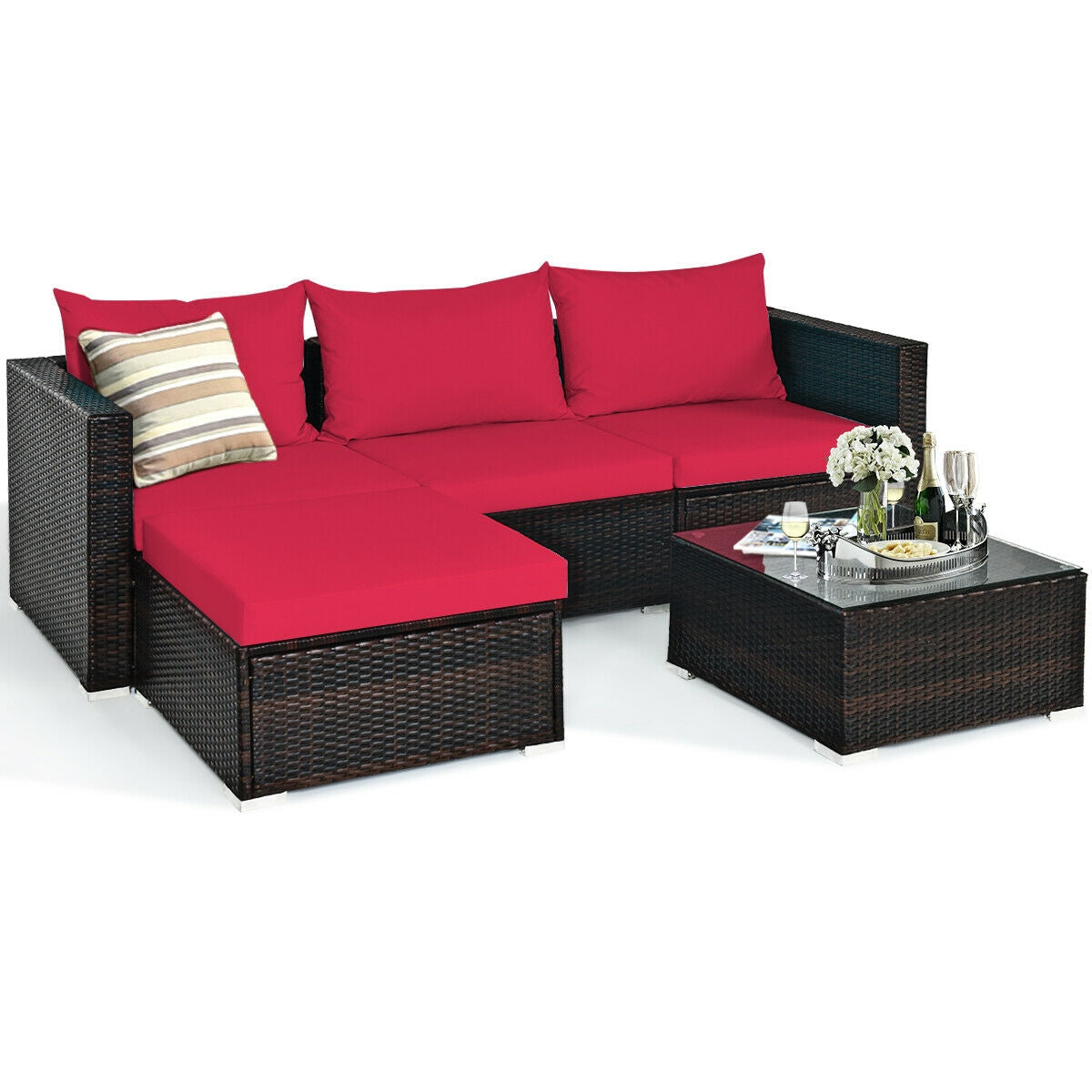 5 Pieces Patio Rattan Sectional Furniture Set with Cushions and