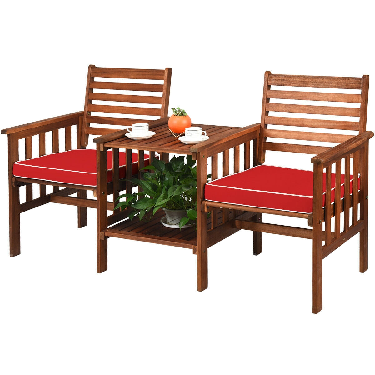 3-Piece Outdoor Loveseat Set with Coffee Table - Acacia Wood, Red