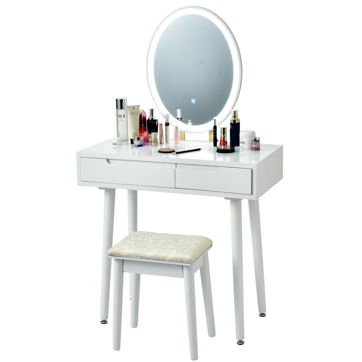 Lighted Makeup Vanity Table with Stool - White