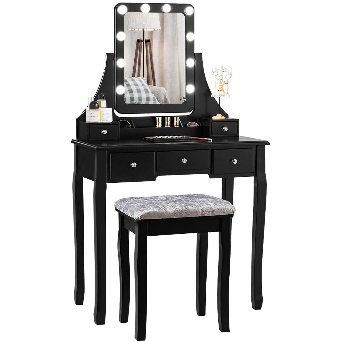 Makeup Vanity Set with Mirror and Cushioned Stool, White