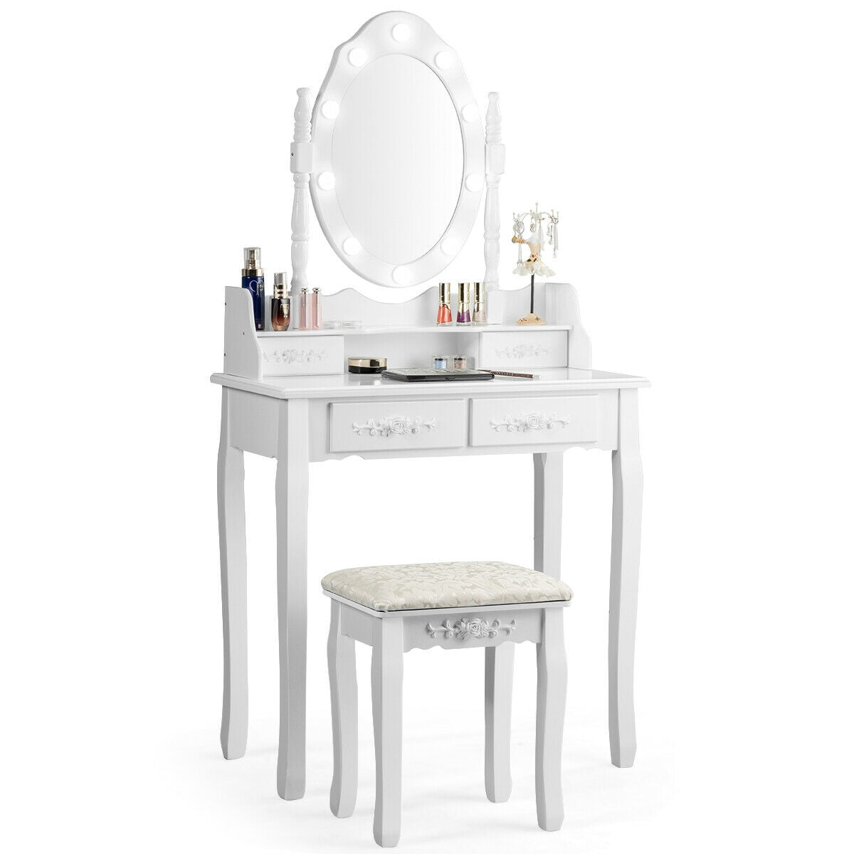Makeup Vanity Dressing Table with Dimmable Bulbs & Stool - Round, White