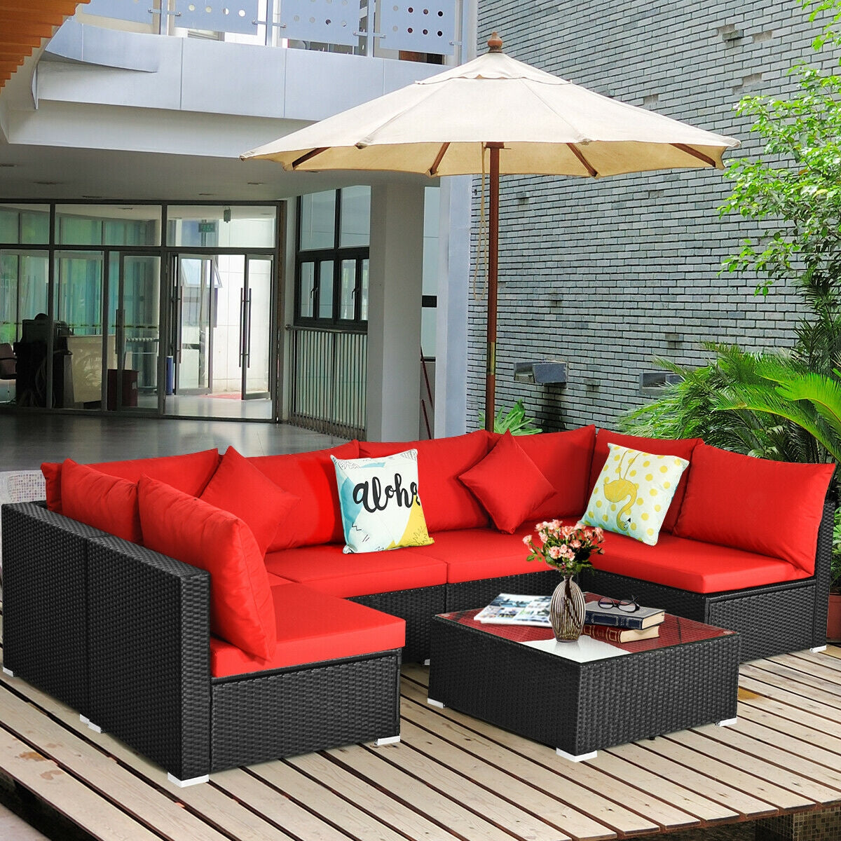 7-Piece Sectional Wicker Sofa Set with Coffee Table - Black Rattan