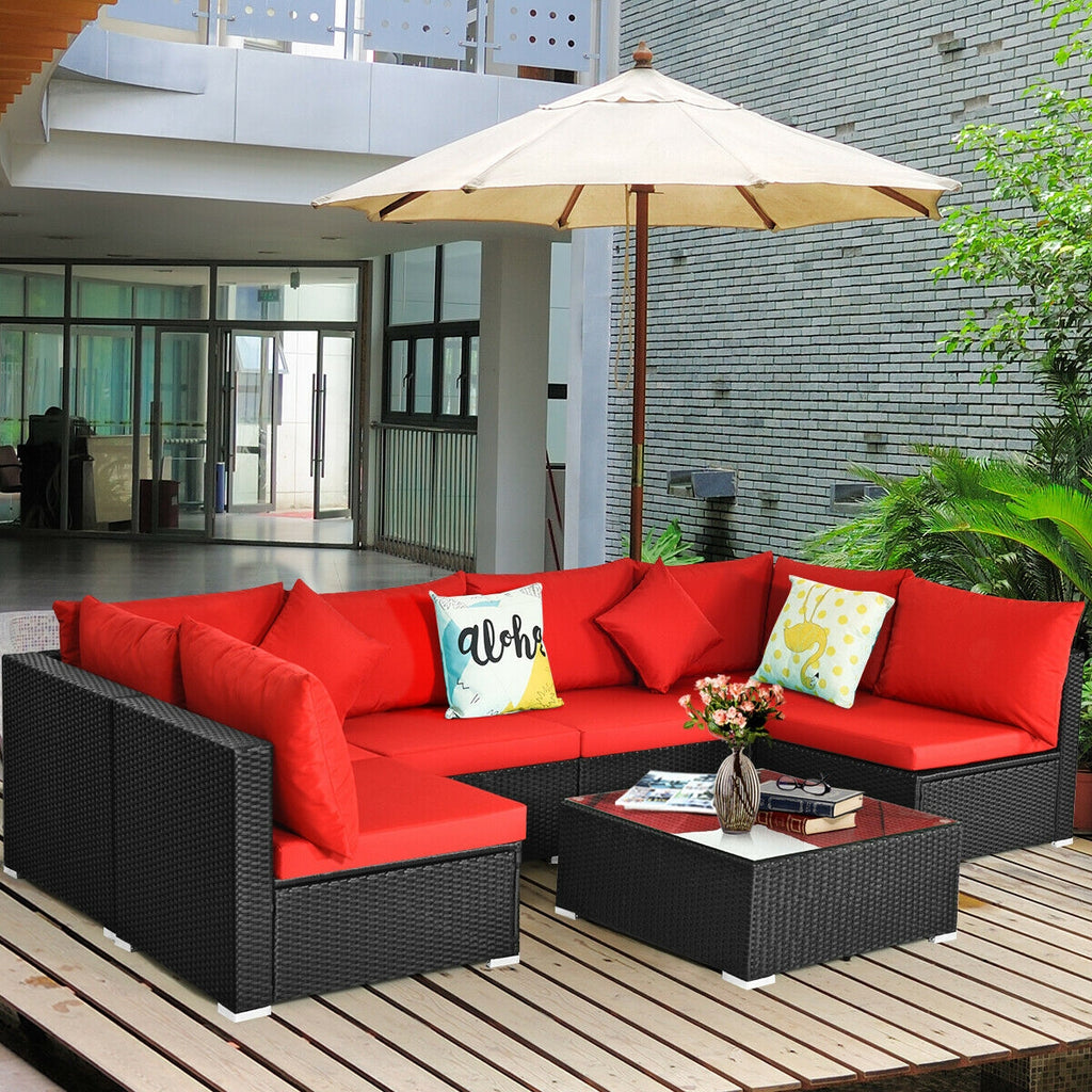 7 Pieces Sectional Wicker Furniture Sofa Set with Tempered Glass Top