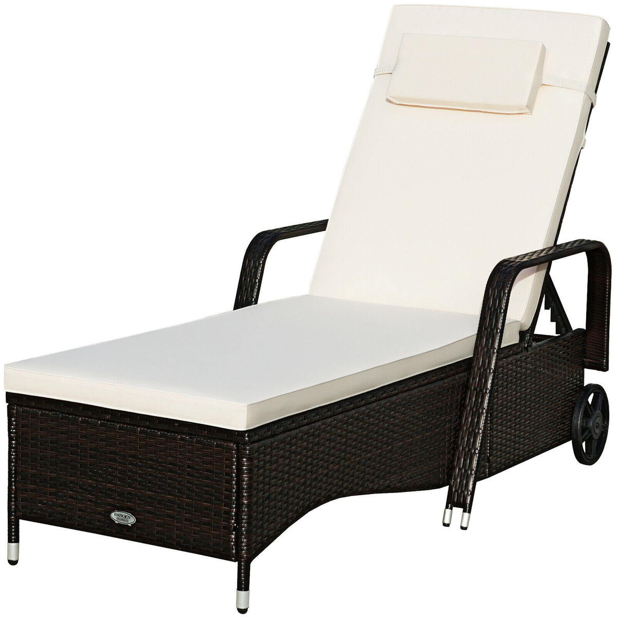 Patio Wicker Chaise Lounge Chair with Wheels - White