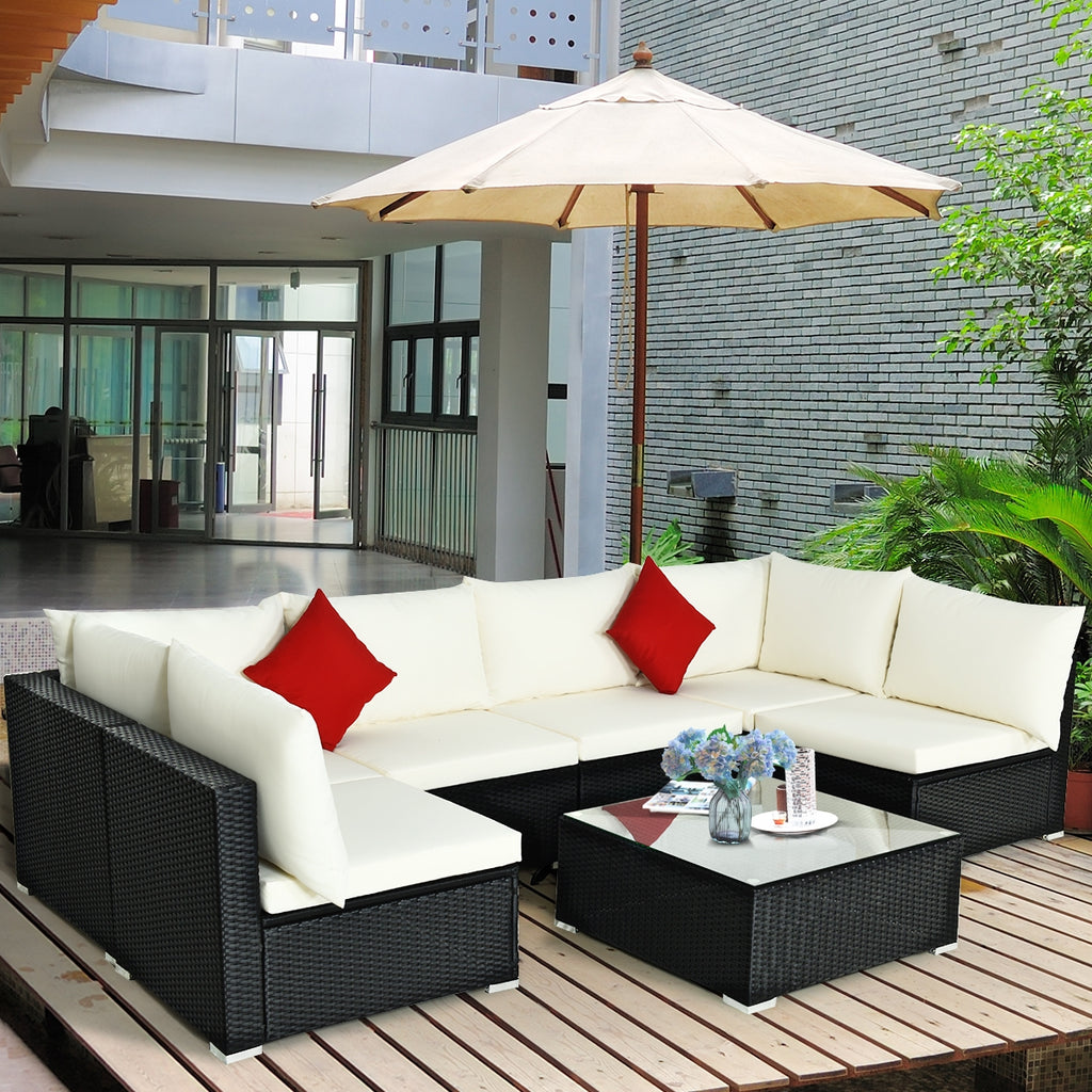 7-Piece Sectional Wicker Sofa Set with Coffee Table – Black Rattan, Beige