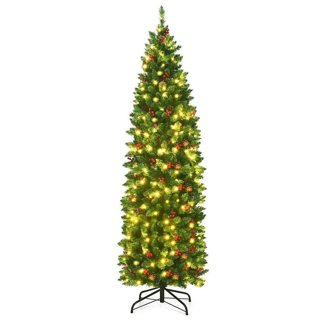 Pre-lit Artificial Christmas Tree 6.5Ft Slim Hinged Pencil Tree with Lights & Decorations