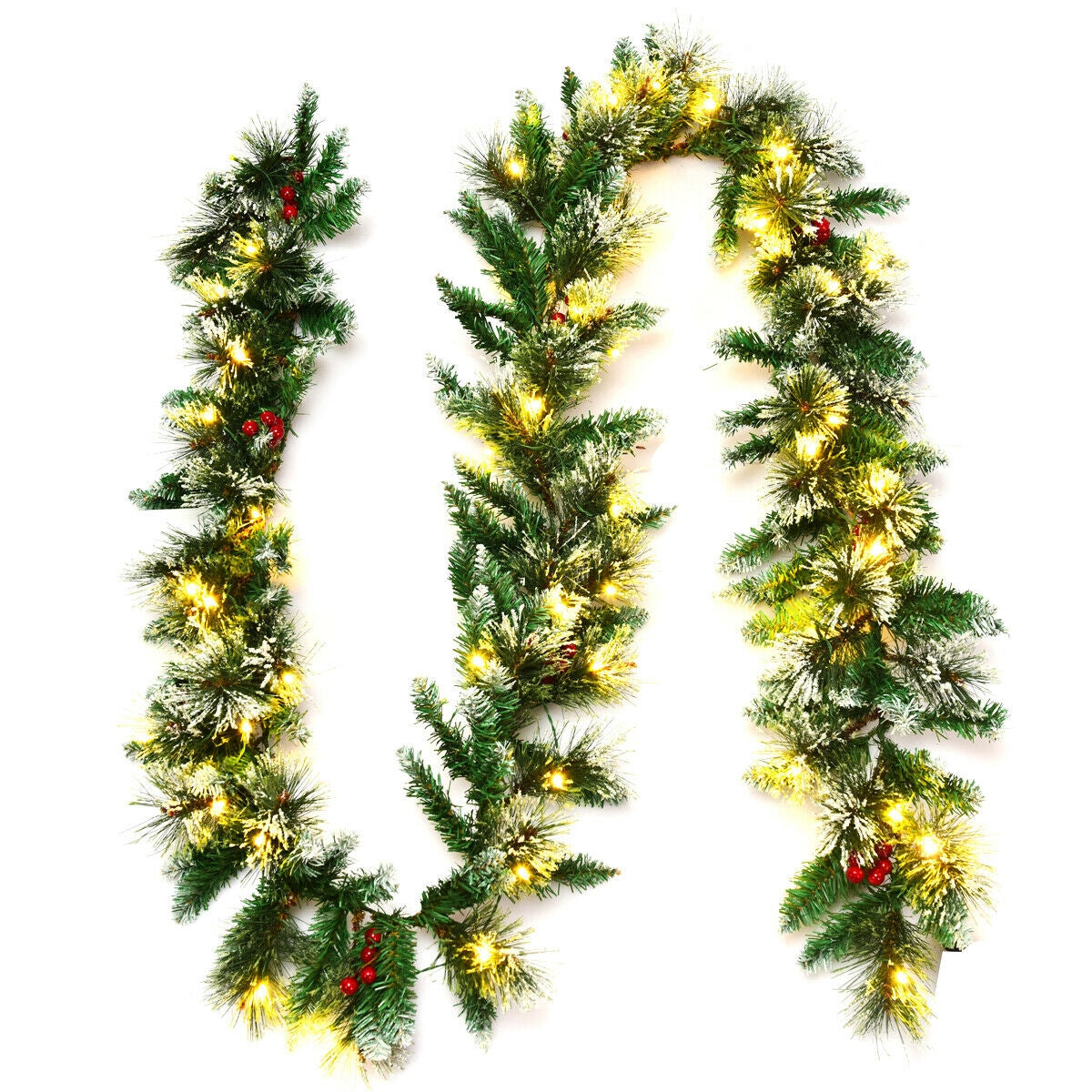 9 Feet Pre-lit Snow Flocked Christmas Garland with Red Berries - Indoor Outdoor Decor