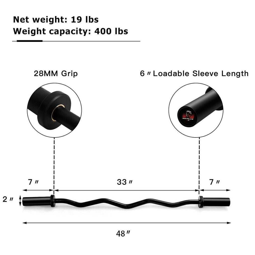 48 Inch Curved Steel Fitness Barbell for Strength Training - 400 lbs Capacity