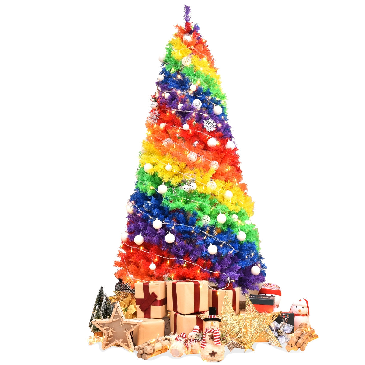 7 Feet Artificial Christmas Tree with Rainbow Tips and Metal Stand