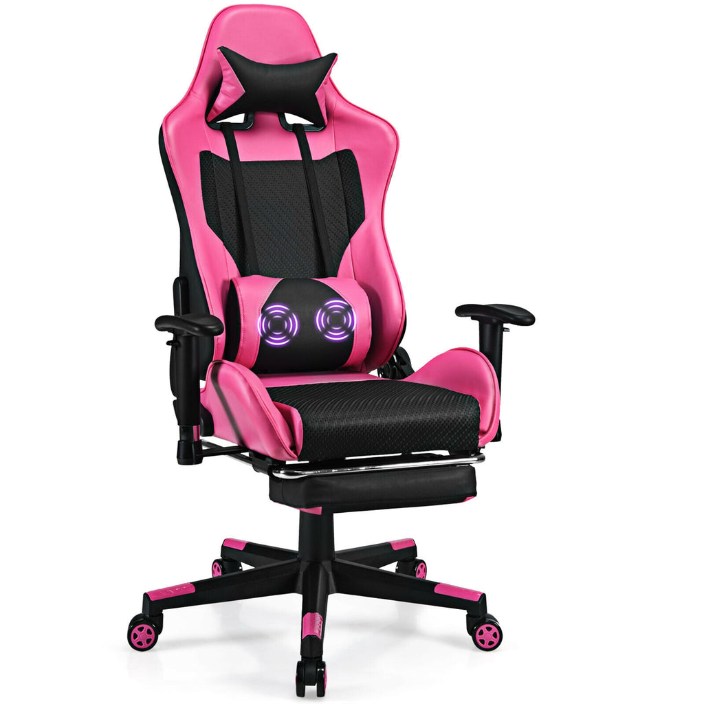 PU Leather Gaming Chair with USB Massage Lumbar Pillow, Footrest – Type-C, Pink