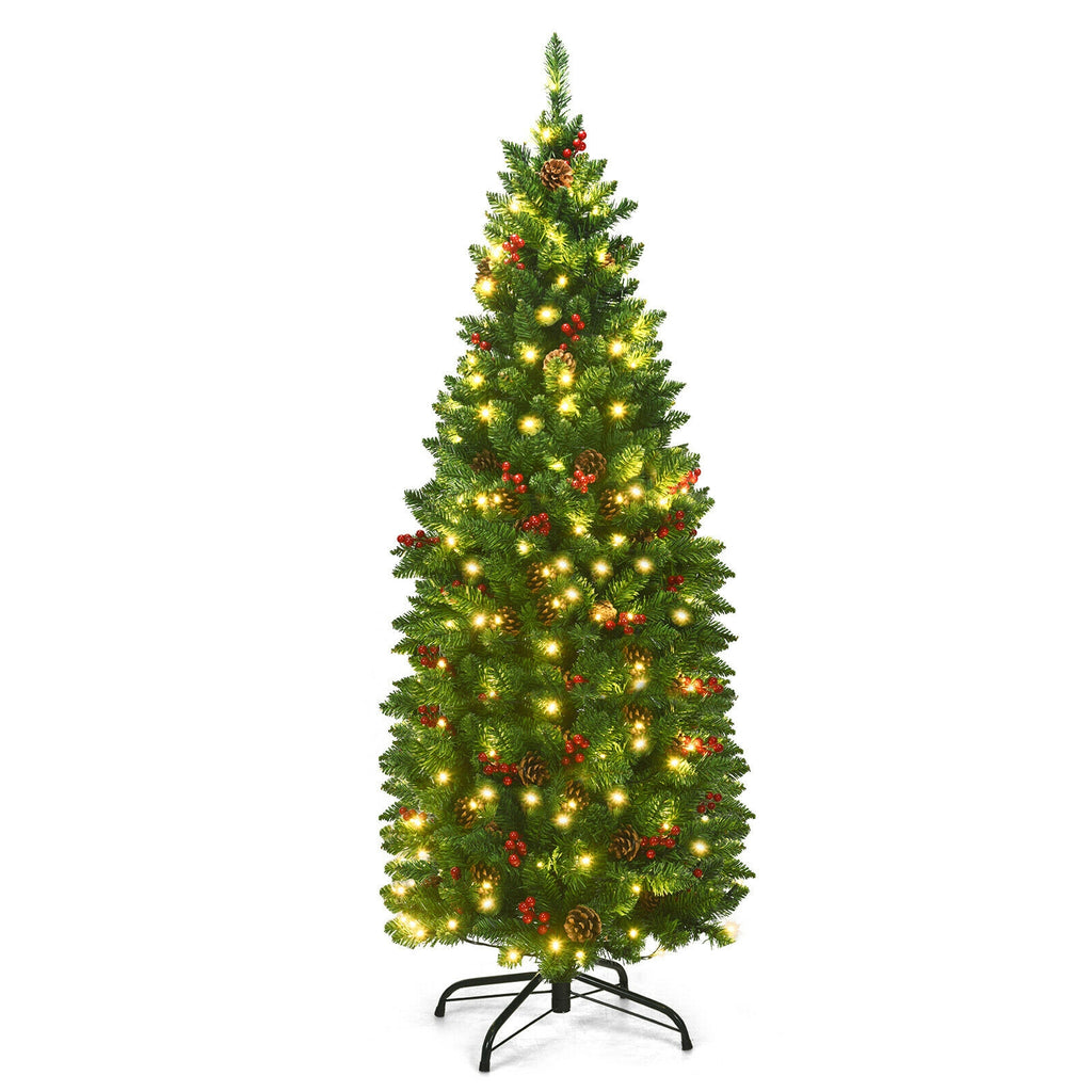 Pre-lit Hinged Pencil Christmas Tree with Pine Cones & Red Berries - 4.5 Feet