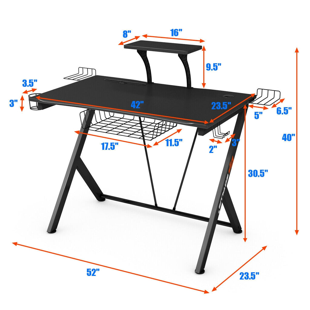 Gaming Desk with Headset Hook, Cup Holder & Monitor Shelf