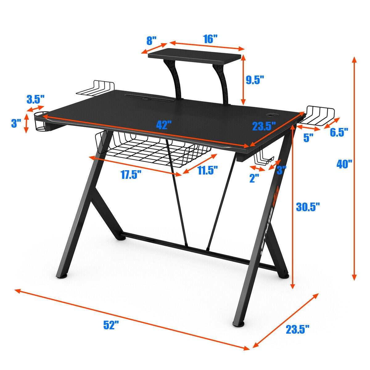 Gaming Desk with Headset Hook, Cup Holder & Monitor Shelf